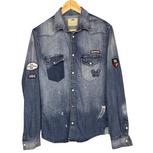 Vtg Bershka‎ Womens Jacket Denim San Francisco Riders Hardway Pearl Snap Medium